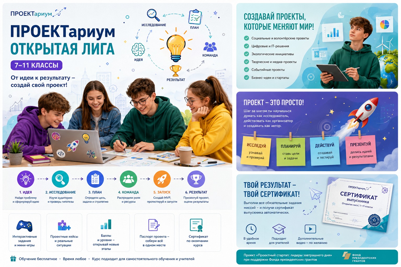 Открыт бесплатный онлайн-курс «ПРОЕКТариум. Открытая лига» для школьников 7–11 классов